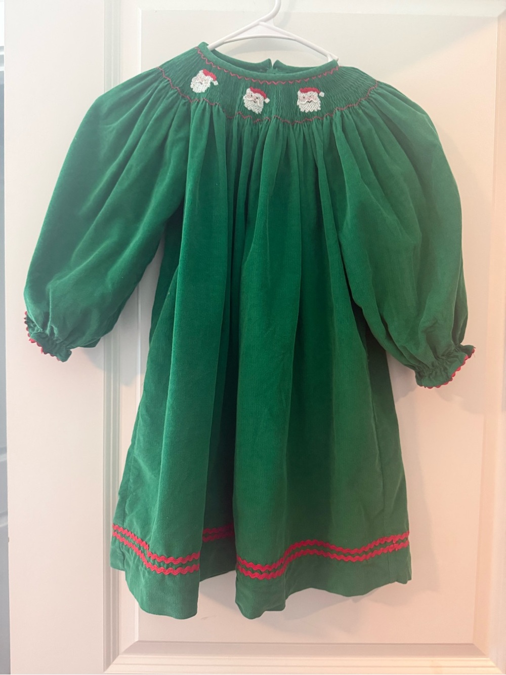 Girls' Emerald Green Smocked Holiday Dress with Santa Motif